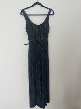 Black Sleeveless Maxi Jumpsuit with Subtle Gold Pinstripes